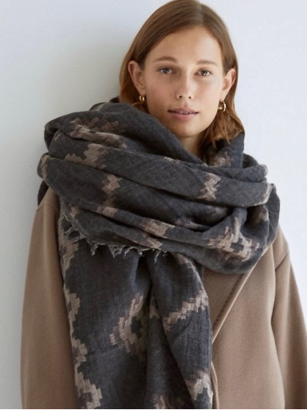 Aritzia Wilfred Diamond Mosaic Wool Blanket Scarf Taupe Mauve Charcoal Grey Wrap